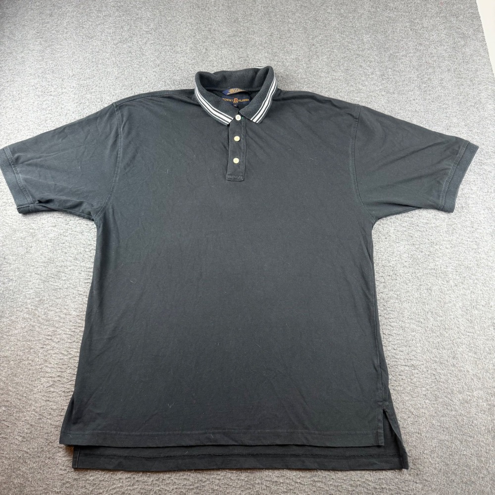 Tommy Hilfiger Golf Polo Shirt Men's Medium Black Striped‎ Collar Short Sleeve